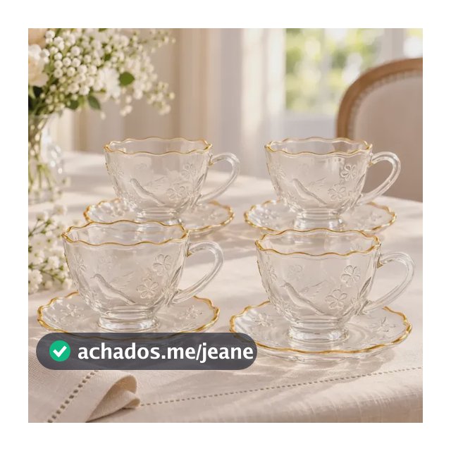 Jogo 04 Xícaras Borda Dourada Vidro 220ml Com Pires Café Chá Borda Dourada Premium Poesia