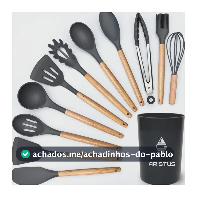 Kit 12 Utensílios De Silicone Com Cabo De Madeira - Marca Aristus Com Alta Resistência, Durável E Com Design Moderno, Perfeito Para Sua Cozinha Cor Cinza