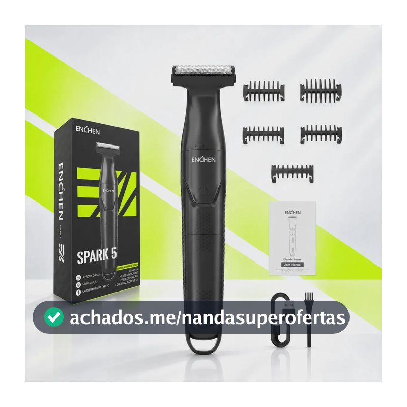 Barbeador Elétrico Enchen Spark 5 Sem Fio 2 em 1 (Barbeador + Aparador), Aparador de Pelos com Uso Seco e Molhado, Lâmina Ultrafina, 90 Min de Autonomia, para Barba e Corpo, 5 Pentes Guia