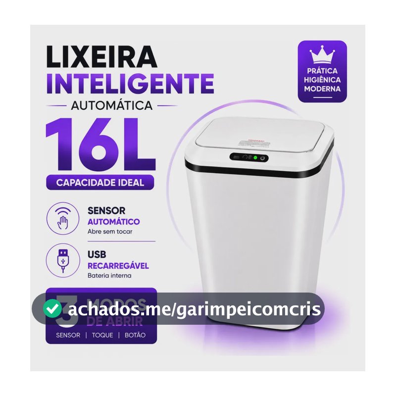 Lixeira Inteligente Automática 16L Sensor Infravermelho Recarregável USB-C 3 Modos Tampa Touch Banheiro Cozinha