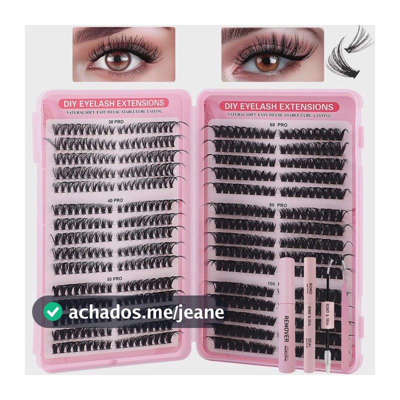 Kit Extensão de Cílios Volume Brasileiro com Curvatura D para Iniciantes, Inclui Pinça e Cola
