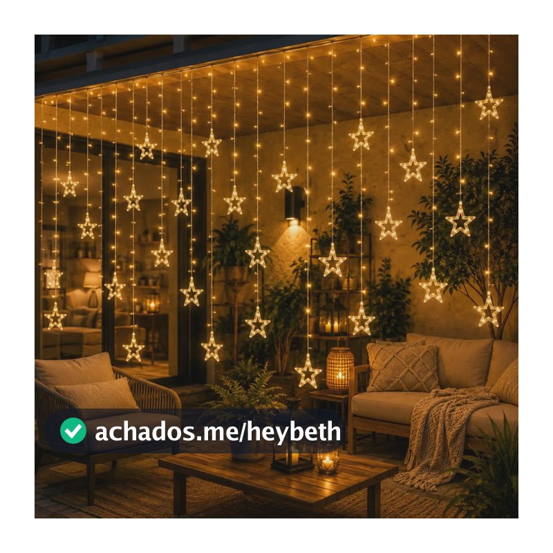 Cascata De Natal Estrelas Bivolt 110 Leds Com 8 Funções Branco Quente 127/220v