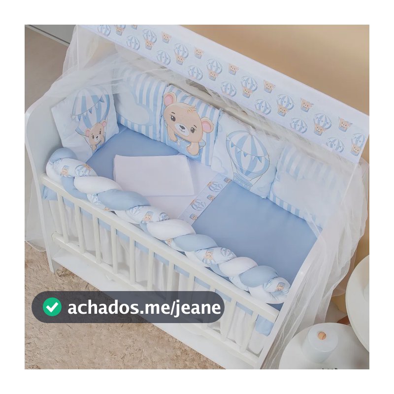 Kit Mini Berço 13 Peças Carinha de Anjo Azul Urso Baloeiro Algodão