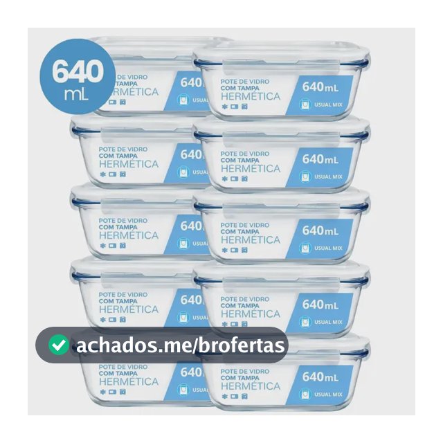 Kit 10 Pote Vidro Hermético Marmita 640ml Micro-ondas Freezer Forno Organização Geladeira Água
