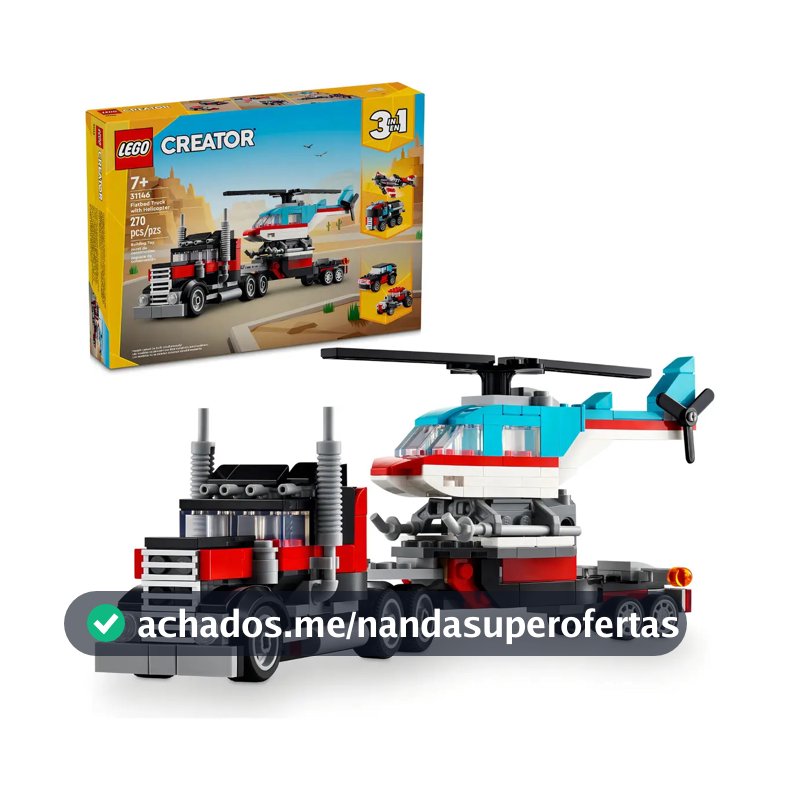 <p>LEGO® Creator 3 em 1 – Caminhão Plataforma com Helicóptero, Jogo de Carro Hot Rod, Avião de Brinquedo, Caminhão de Brinquedo, Miniatura de Avião, Presente para Criança de 7 Anos 31146</p>
