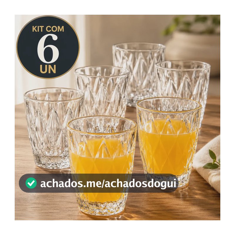 Jogo 6 Copos 300ML Grande Vidro Grosso Diamond Resistente Transparente Kit para Drink Água Suco Restaurante Diamante Sólar