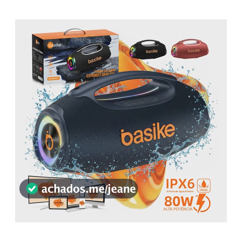 Basike Caixa de Som Boombox 80W 8000Mah 10hrs Portátil Bluetooth 5.3 Sem fio IPX6 À Prova D'água Com Luz RGB Hifi TWS Bass Forte Áudio de Alta Qualidade Para Samba Funk Baile Carioca HipHop Forró Axé