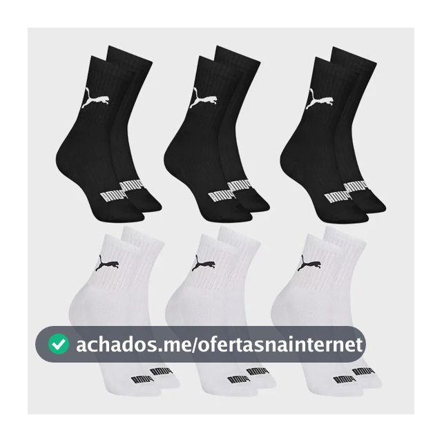 6 Pares Meias Puma Cano Médio Alto Atoalhada Academia Sport