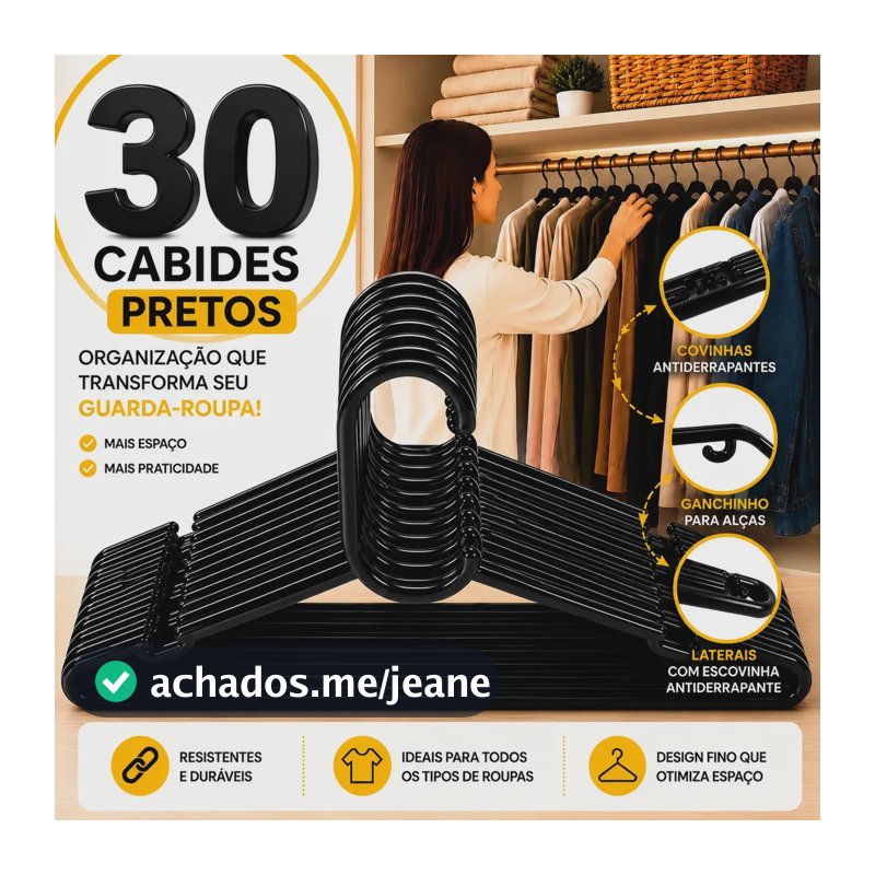 Cabides Adulto Preto Reforçado 30 Atacado Organizador Roupas Preto