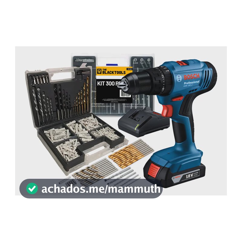 Furadeira Parafusadeira De Impacto 18v Bateria Bosch Gsb 183li + Jogo De Brocas Buchas 300 Peças Tmm300 The Black Tools