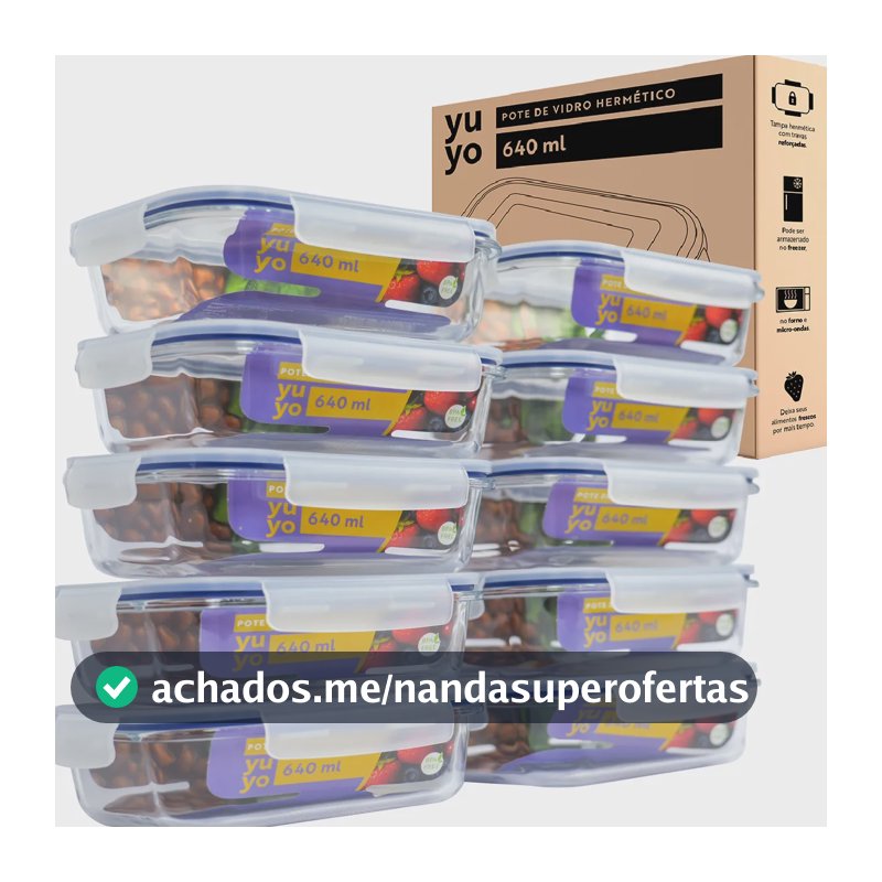 Kit 10 Potes De Vidro Hermético 640ml Marmita Fitness Com Tampa 4 Travas Freezer Microondas Geladeira Armazenamento Alimentos