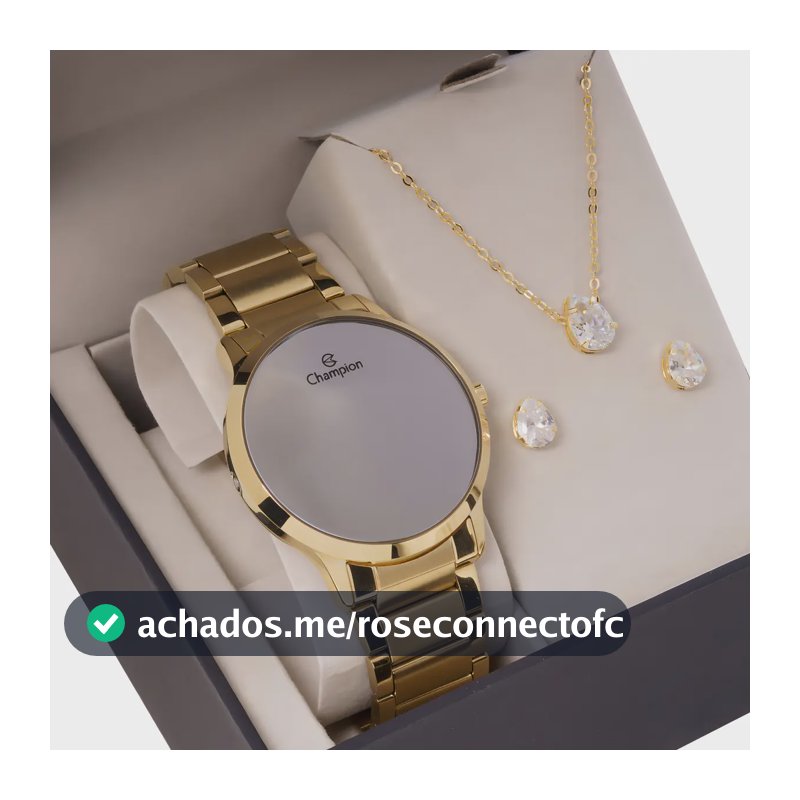 Kit Relógio Feminino Champion Digital CH40142B 42 Milímetros Dourado Display Espelhado Led Branco Prova D´Agua 50m com Colar e Brincos