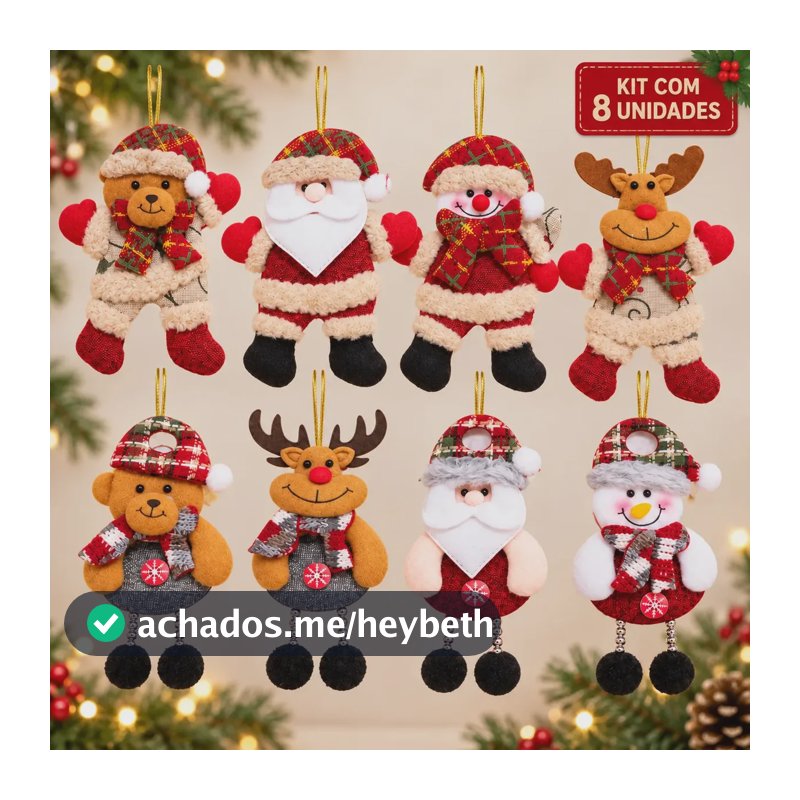 Kit 8 Pendentes Papai Noel Pelúcia Enfeite Árvore Natal Peluciado Premium