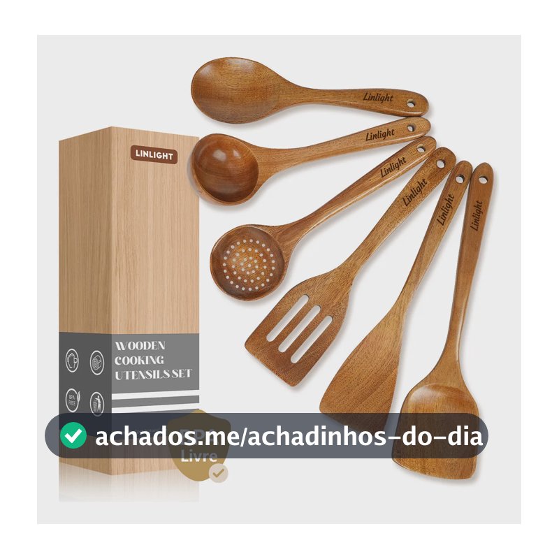 Kit 6 Utensílios Cozinha Escumadeira Madeira Resistentes Ao Calor - Livre de BPA