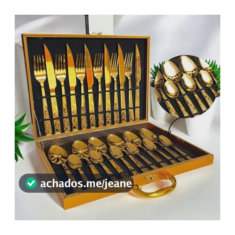 Faqueiro Dourado Luxo Jogo Talheres Inox 24pçs + Maleta Dourado