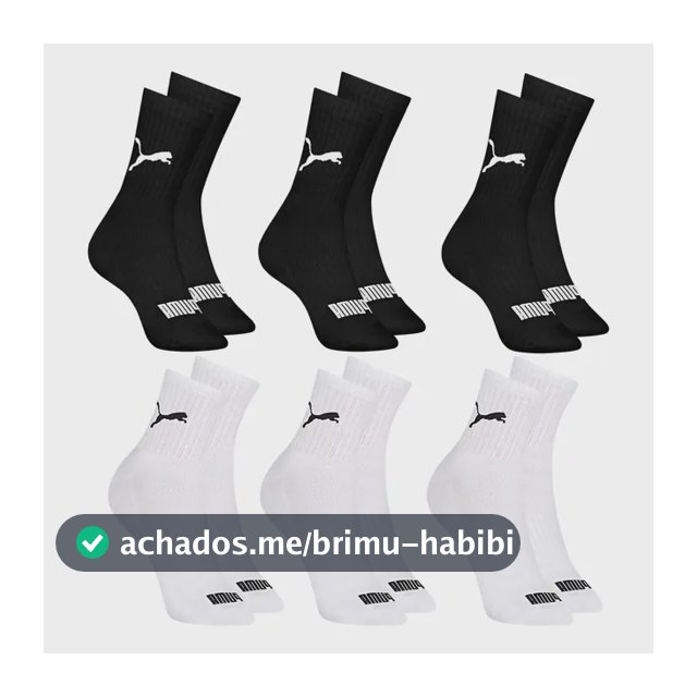 6 Pares Meias Puma Cano Médio Alto Atoalhada Academia Sport