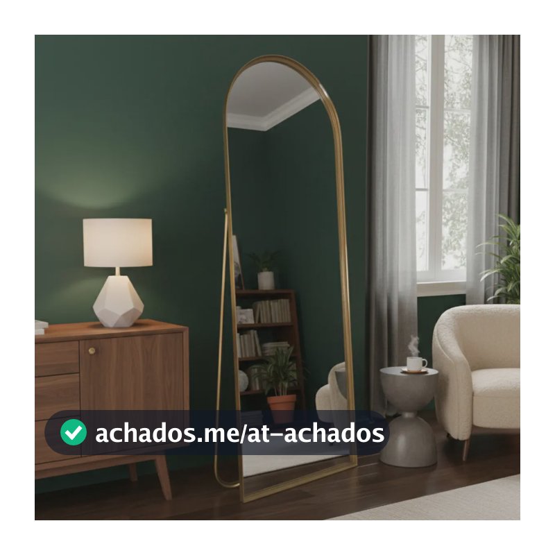 Espelho De Chão Base Reta Corpo Inteiro Com Moldura E Suporte Dourado 146x36cm