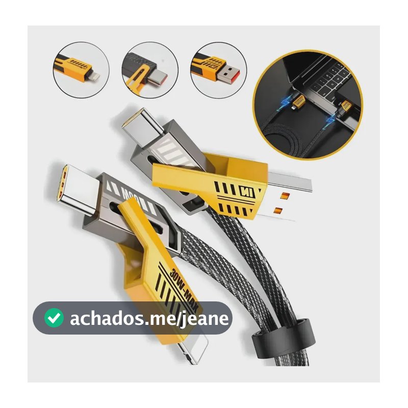 Cabo Carregador Turbo 4 Em 1 65w Pd Tipo C Lightning Nylon Cinza