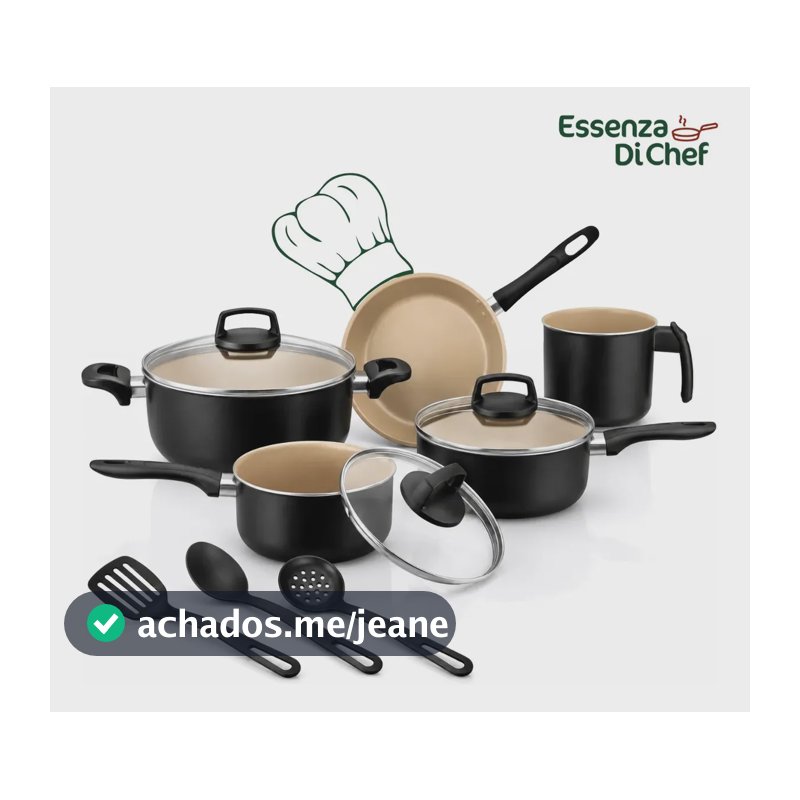Conjunto De Panelas 08 Peças Antiaderente Com Tampa De Vidro E Utensílios Fogão A Gás Preto Dourado Jogo Kit Clássico