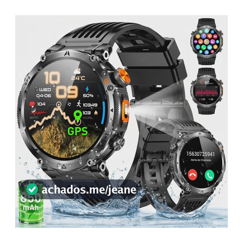 Relógio Inteligente Smartwatch Gps Autônomo IP68 3ATM À prova d'água 850mAh Preto NOVANTE Digital Feminino Masculino Esportivo Android IOS Notificações Instantâneas Bluetooth Chamadas Lanterna Bússola