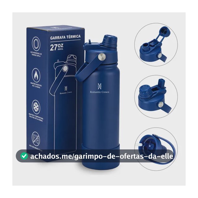 Garrafa Térmica 800ml Inox Bico Duplo Canudo Alça Esporte Azul
