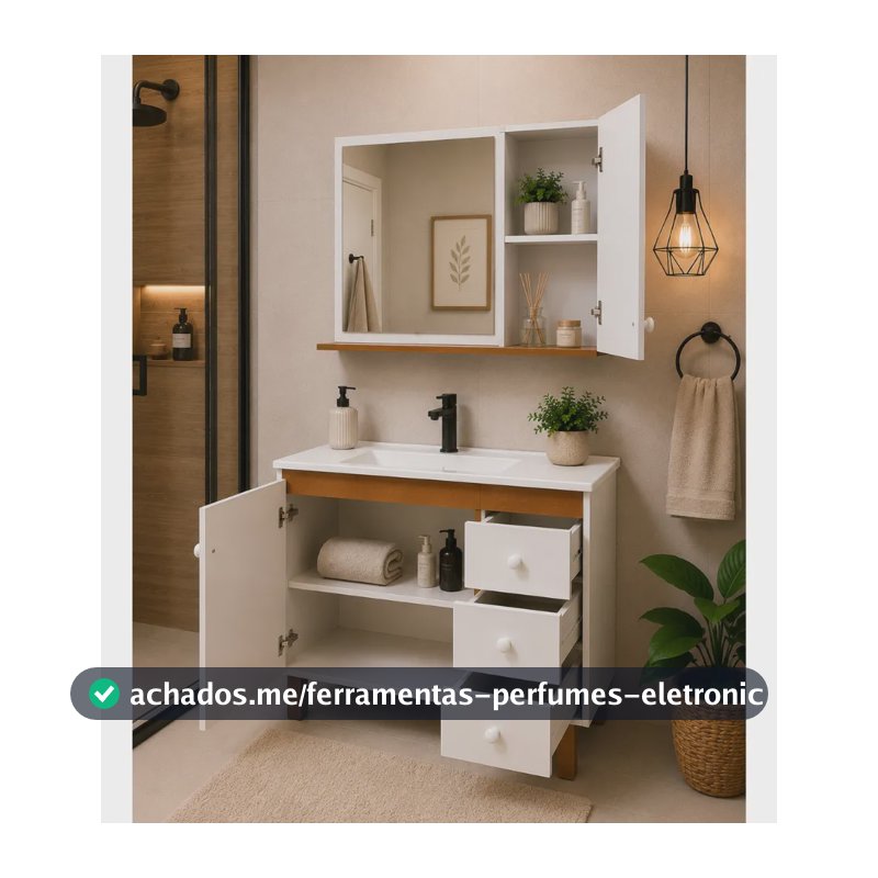 Gabinete Banheiro 80cm 3 Gavetas Com Cuba E Espelho Freijo Branca Um Furo