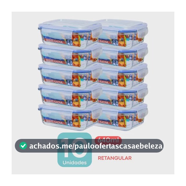 Kit 10 Potes de Vidro Marmita Hermético 640ml Retangular Freezer Fitness Forno Micro Ondas Airfryer com 4 travas de super vedação Mikasa By Chalesco