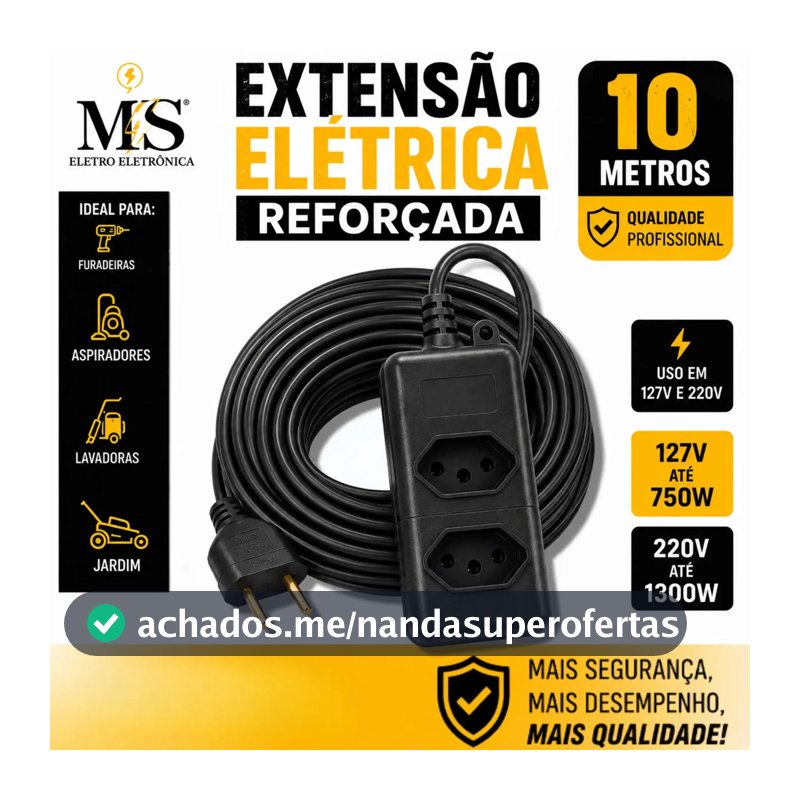 Extensão Elétrica Reforçada 10 Metros 10/20a Obra Profissional Tomada Em Barra MS Eletro Eletrônica