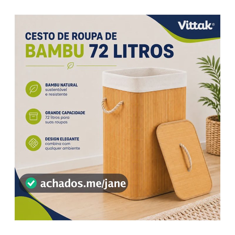 Vittak Cesto De Roupa Bambu 72 Litros Liso Dobrável Retangular Com Tampa E Forro