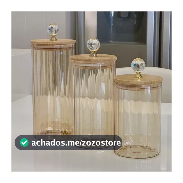 Kit 3 Potes Vidro Âmbar Mantimento Canelado Tampa Bambu Luxo Âmbar