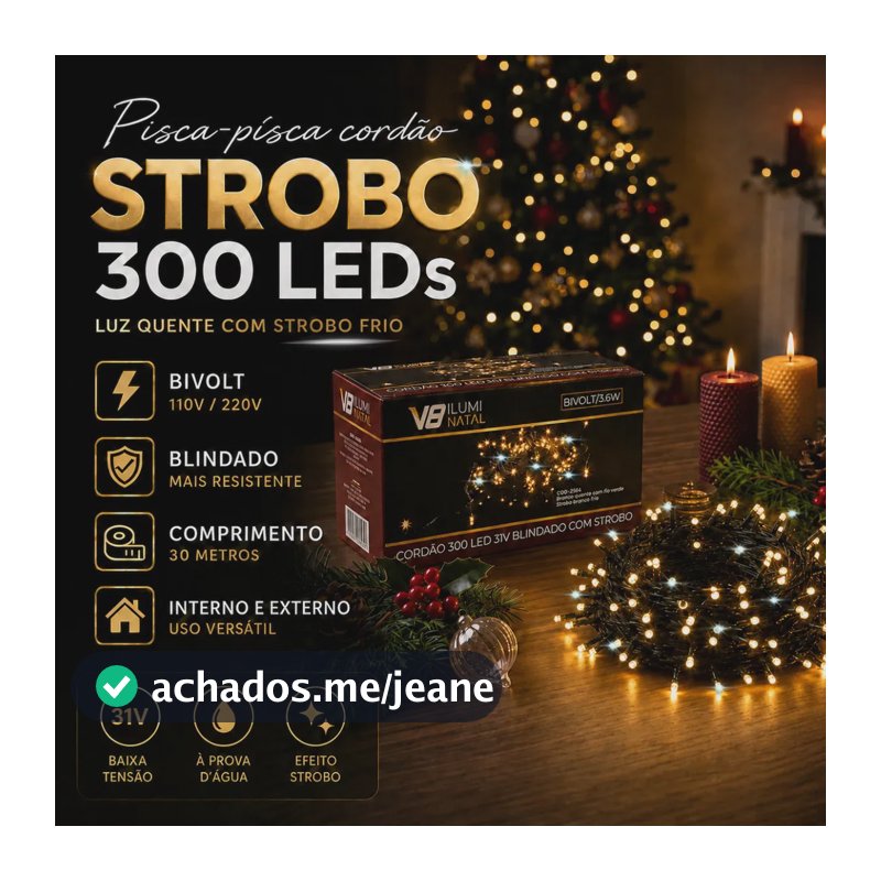 Cordão LED Natal 30m Branco Quente com Strobo Frio Bivolt IP44