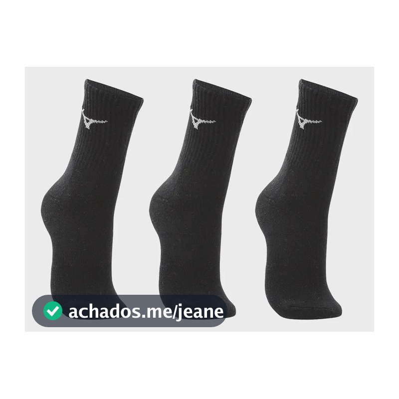 Kit 3 Pares Meias Mizuno Prime Cano Médio Fitness Atoalhada Preto Logo 39-44