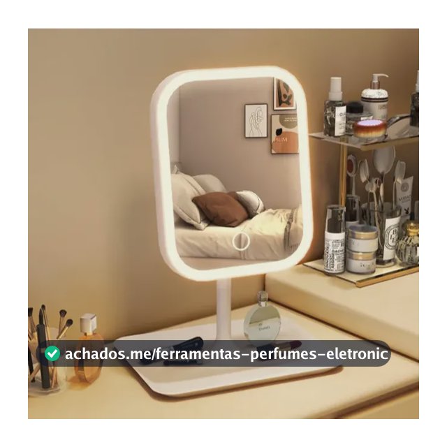 Espelho Led De Mesa Touch Recarregável Usb E 3 Cores De Luz Retangular - Branco