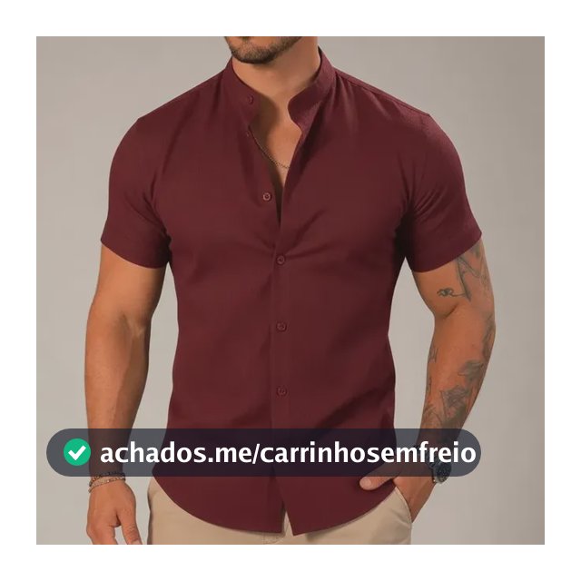 Camisa Social Slim Masculina Gola Padre Manga Curta