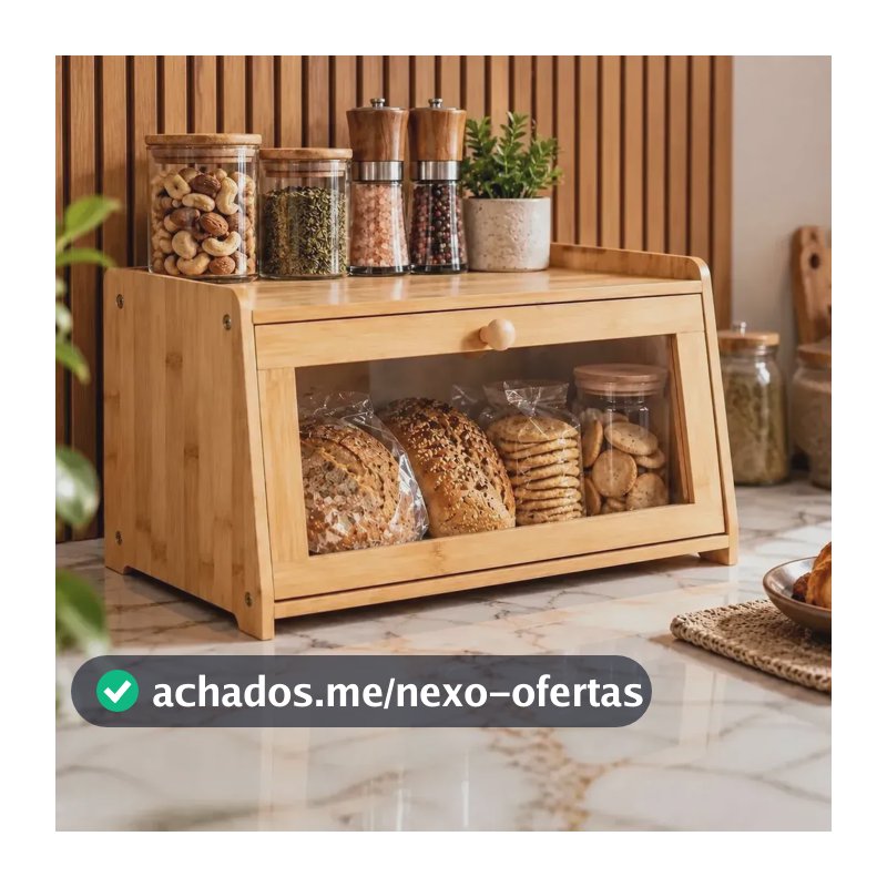 Porta Pão De Bambu Natural Com Tampa Transparente Caixa Organizadora De Cozinha Bancada Para Armazenar Pães Bolos Bisnagas Torradas Café Da Manhã Mesa Posta Multiuso Premium