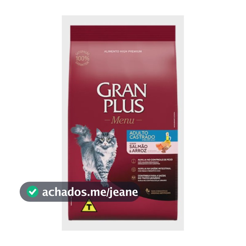 Alimento Gran Plus Gato Adulto Castrado Salmão e Arroz 10kg