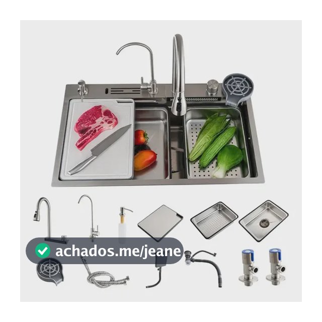 Cuba Cascata Premium Completa Com Acessórios Torneira Monocomando E Lavador De Copos Cozinha Gourmet Aço Inox 304 Cor Prata Widna