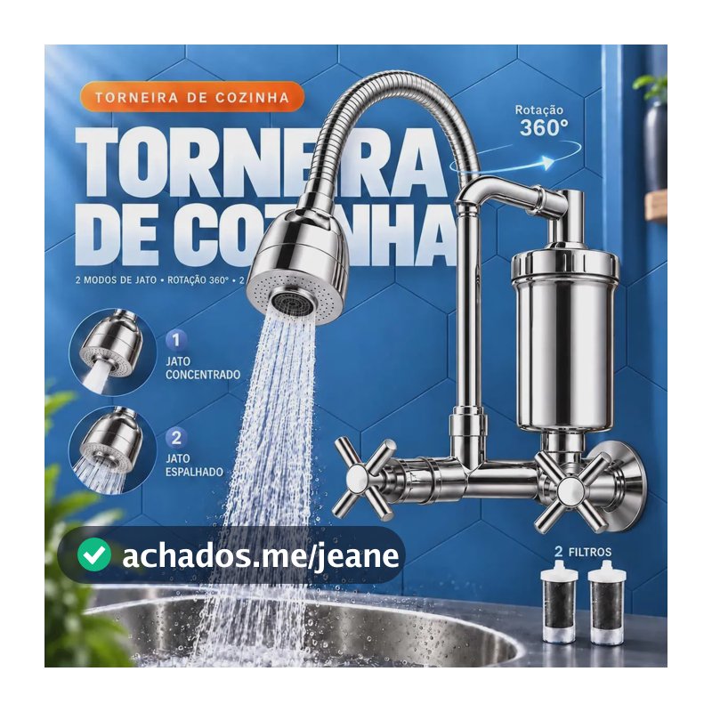 Torneira Com Filtro Cozinha Para Parede Gourmet Flexível Móvel Em Abs Cromado Filtro Carbon Block Purificador De Agua Com Refil Instalado - 2 Modos de Jatos