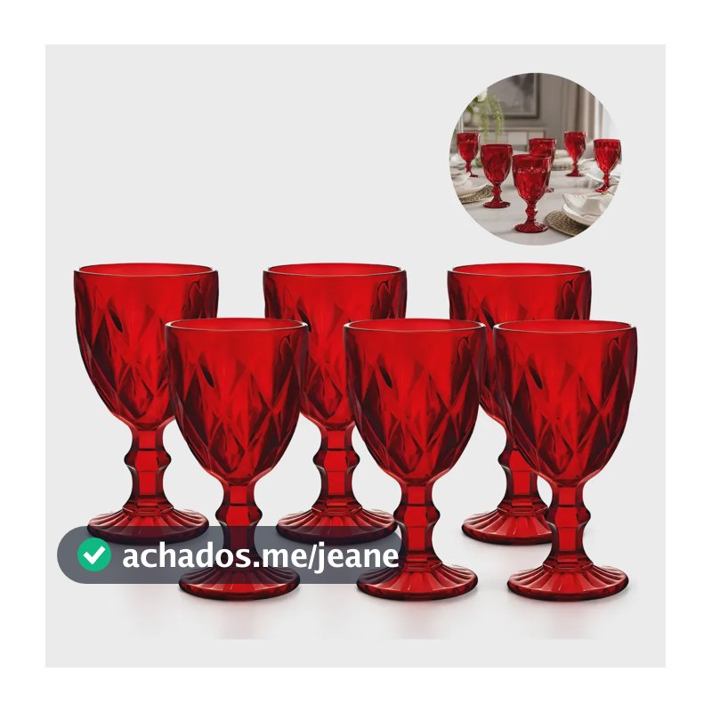 Jogo De 6 Tacas De Vidro Copo 340ml Diamond Rubi Vermelho Vermelho