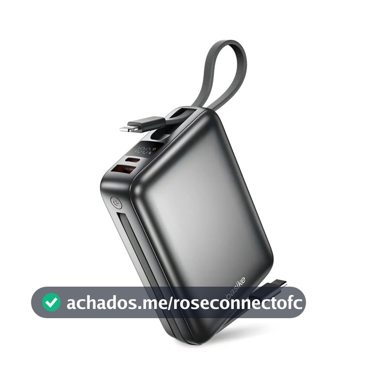 Carregador Portátil Power Bank Basike 20000mAh 22.5W Rápido Cabos Embutidos Tipo C iPhone Samsung
