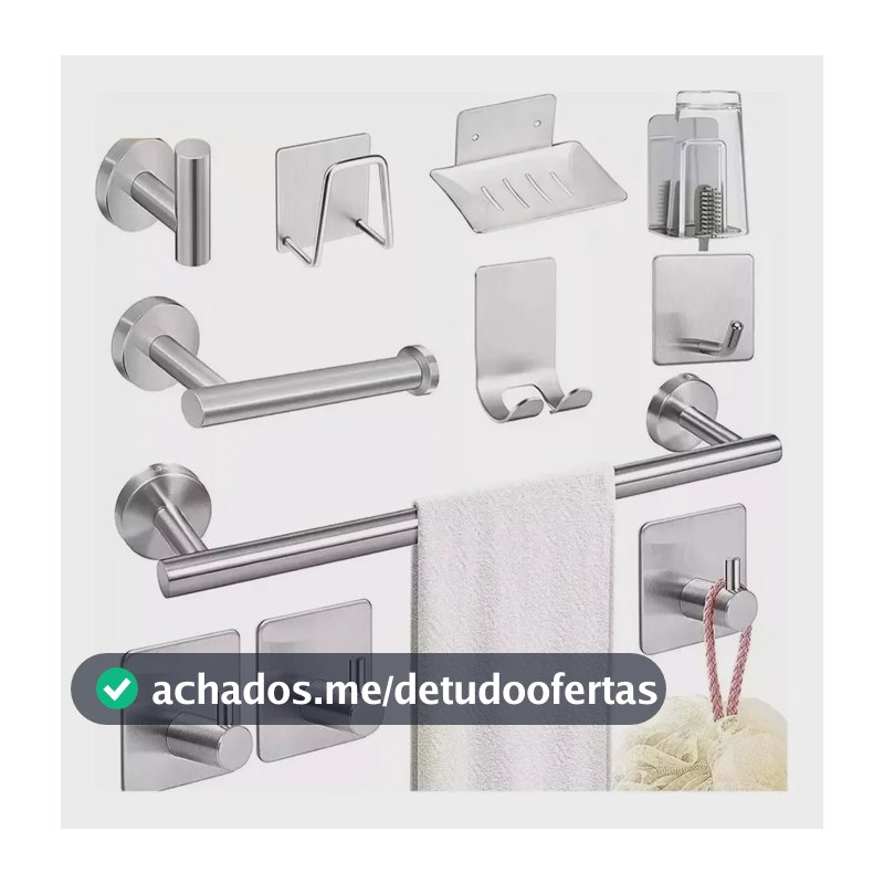 Kit Acessórios P/ Banheiro Inox Com Toalheiro 11 Peças Preto Prateado