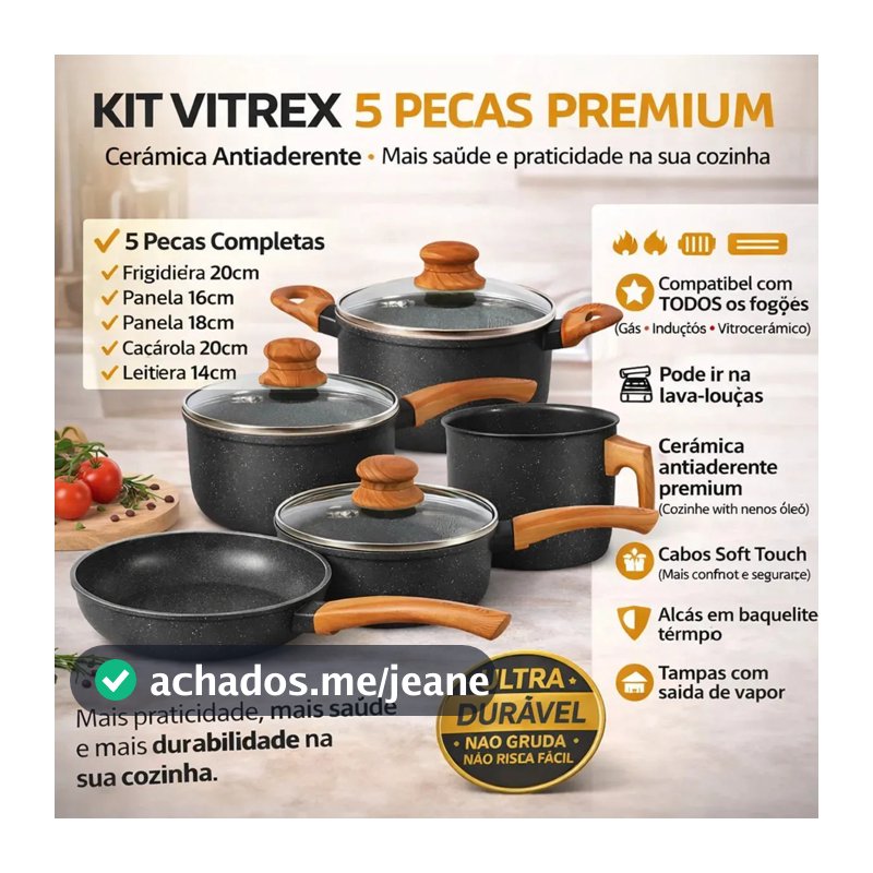 Jogo De Panelas Cerâmico Triplo Indução Vitrex Ecoglid 5 Peças Cor Preto Granito