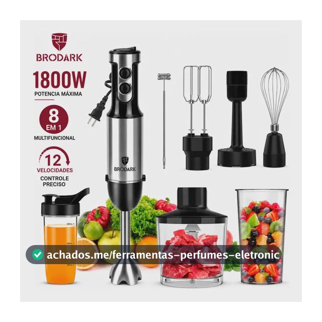 BRODARK Mixer de Mão Portátil 8 em 1 Processador Alimentos 1800w Multifuncional 8 Velocidade Picador de Alimentos com Batedor Eletrico