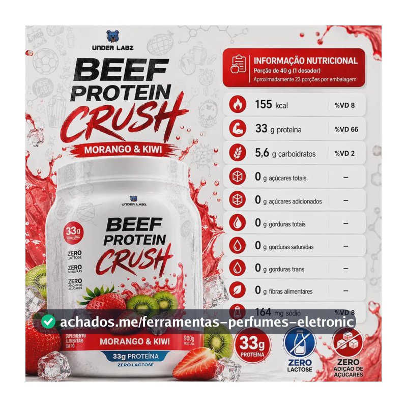 Proteína Under Labz Beef Crush em pó sabor Morango kiwi x 910g