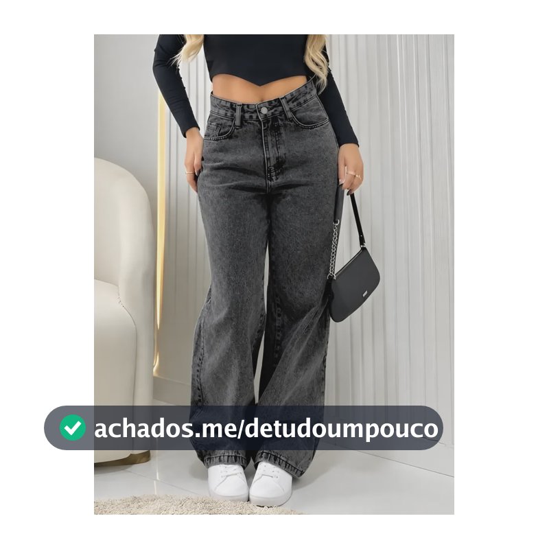 Calça Jeans Wide Leg Feminina Cintura Alta Pantalona Preto Black Marmo Liso 40