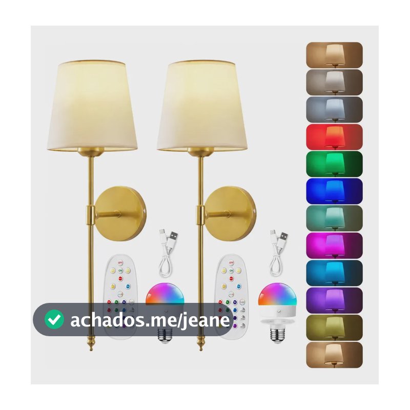 Arandela LED sem fio recarregável, Kit 2, Arandelas sem Fio Douradas, arandela dimerizável, arandela moderna, Duas Luminárias LED para Parede com Controle Remoto RGB Tieesa