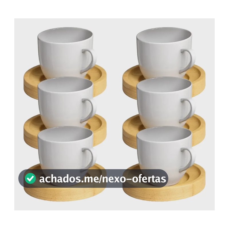 Jogo 6 Xicara Cafe Branca Porcelana Pires Madeira Premium Branco
