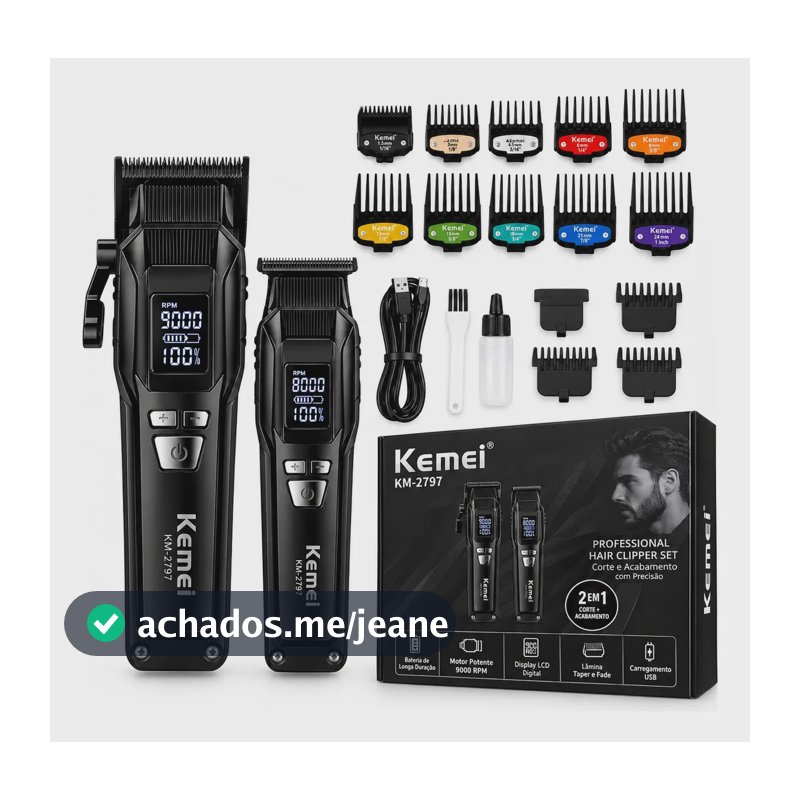 Kit Kemei Máquina Corte Acabamento Cabelo Barba Profissional Preto 127/220v