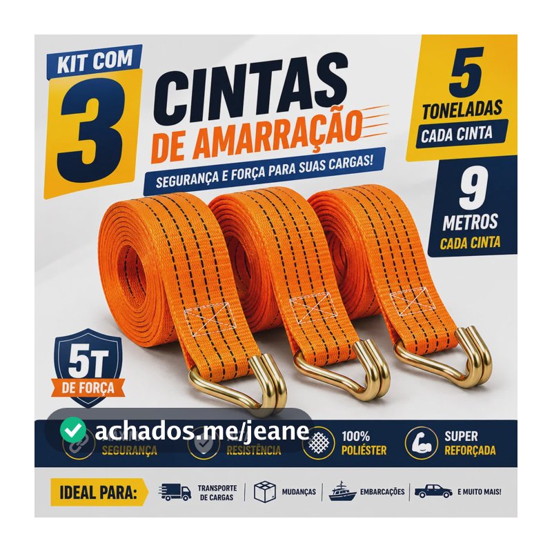 Kit 3 Cintas 5000kg 10m 50mm Para Fixação Segura De Cargas Laranja&kit 3