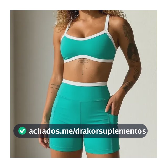 Conjunto Fitness Feminino Top Duplo Shorts Bolso Cós Alto Uv Verde Jade Liso P